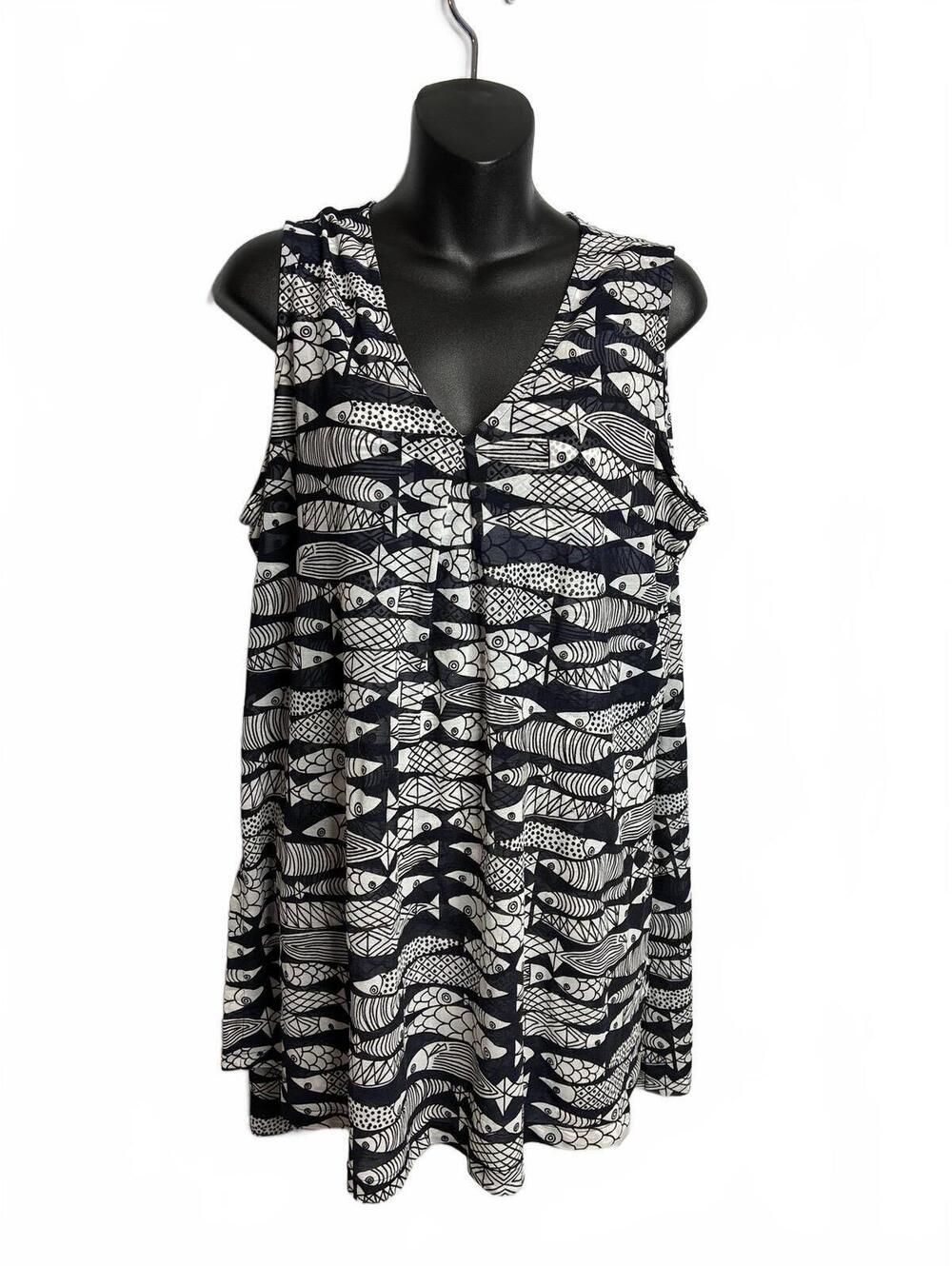 Alfani Woman Sleeveless V-Neck Navy, White Fish Print Blouse Size 1X